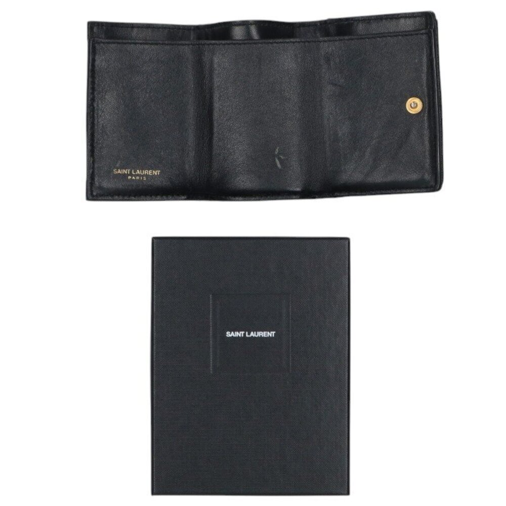 Saint Laurent Paris YSL Logo Tri fold Leather Wallet Black Gold - Picture 3 of 4